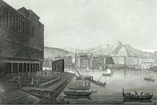 Boats in the harbour and the fish market in Palermo, Sicily, 1770, Italy, Historical, digitally restored reproduction from a 19th century original