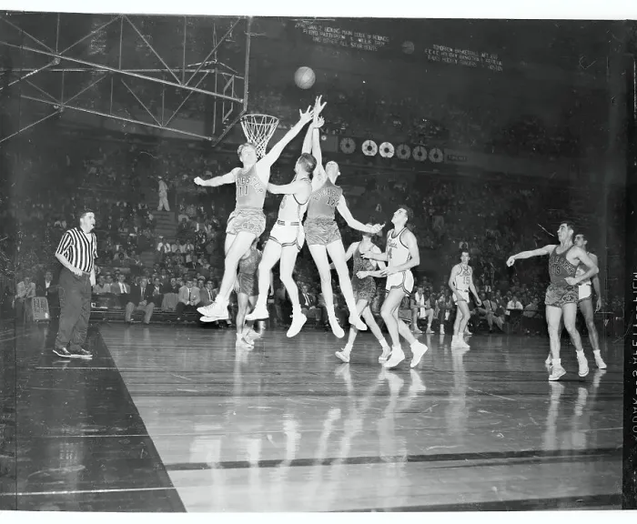 Framed Print : Bob Davies and Dick Farley Competing for Possession of the Ball Framed Print : Bob Davies and Dick Farley Competing for Possession of the Ball