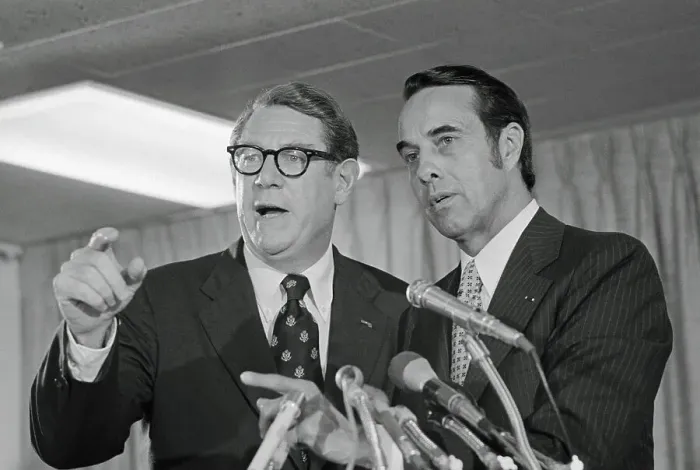 Framed Print : Bob Dole with Clark MacGregor During News Conference Framed Print : Bob Dole with Clark MacGregor During News Conference