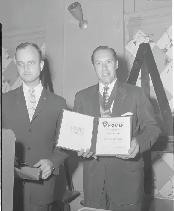 Framed Print : Bob Feller Posing with Pitching Award Framed Print : Bob Feller Posing with Pitching Award