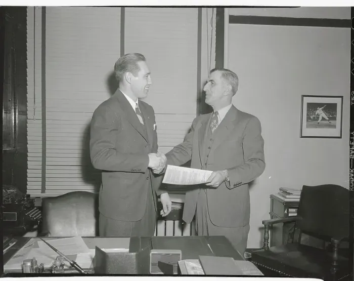 Framed Print : Bob Feller and Roger Peckinpaugh Shaking Hands Framed Print : Bob Feller and Roger Peckinpaugh Shaking Hands