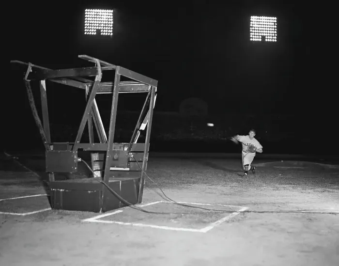 Framed Print : Bob Feller Throws Fastball To Machine Framed Print : Bob Feller Throws Fastball To Machine