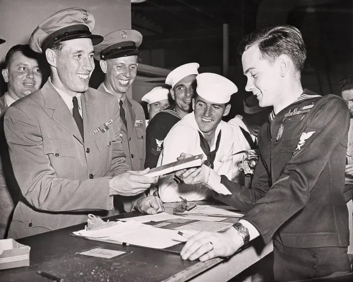 Framed Print : Bob Feller Turning In Military Records Framed Print : Bob Feller Turning In Military Records
