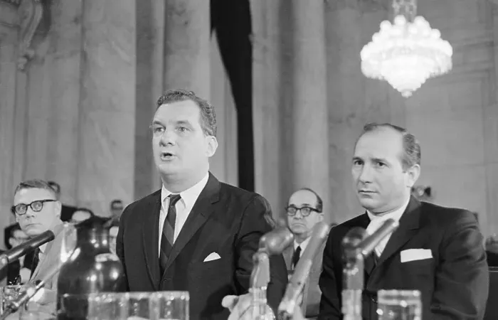 Framed Print : Bobby Baker and Edward Bennett Williams at Senate Hearings