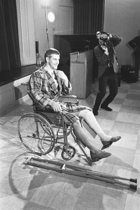 Framed Print : Bobby Orr in Wheelchair at Press Conference Framed Print : Bobby Orr in Wheelchair at Press Conference