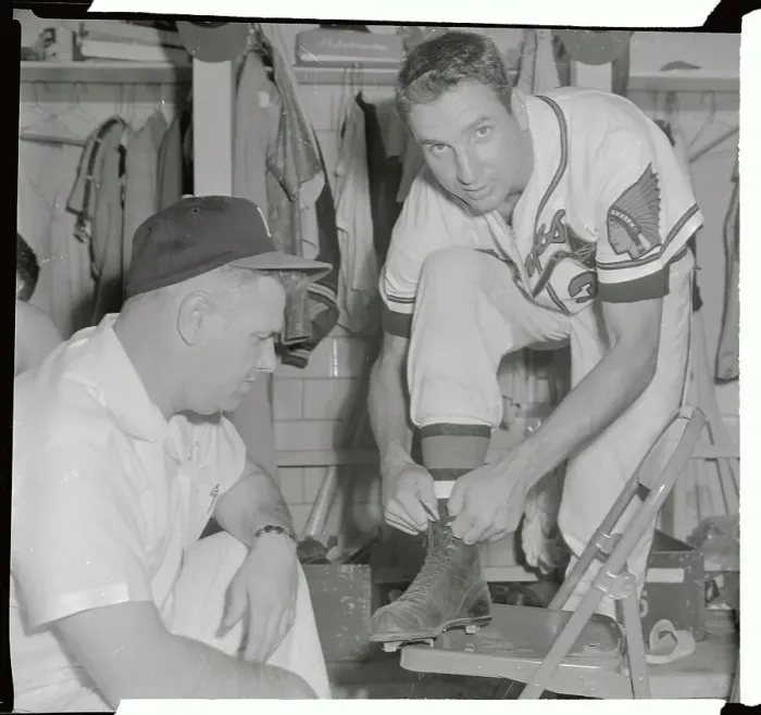 Framed Print : Bobby Thomson with Trainer in Locker Room Framed Print : Bobby Thomson with Trainer in Locker Room