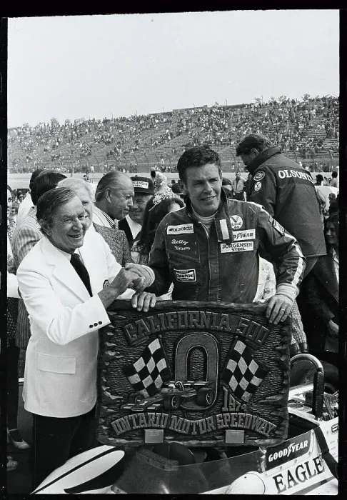 Framed Print : Bobby Unser with California 500 Award