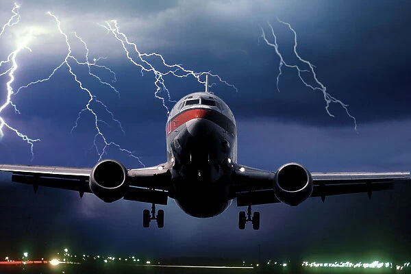 Boeing 737 airliner during takeoff with a lightning storm in the background