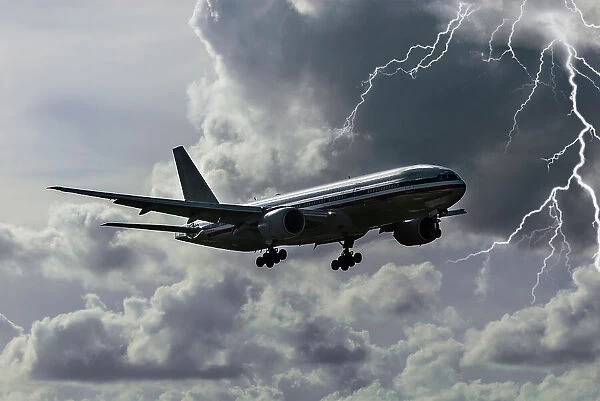 A Boeing 777 wide body airliner landing at Miami International Airport during a lightning storm