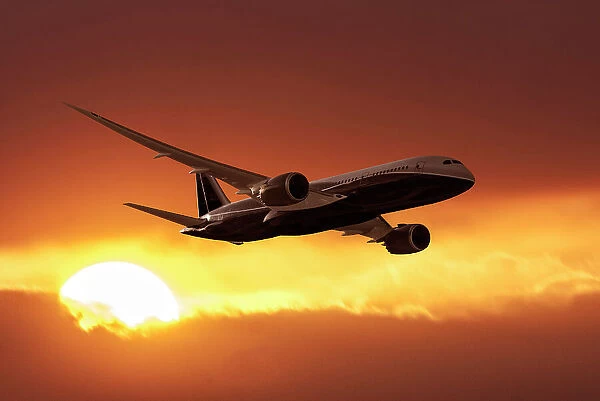 A Boeing 787-8 Dreamliner flying in a sunset