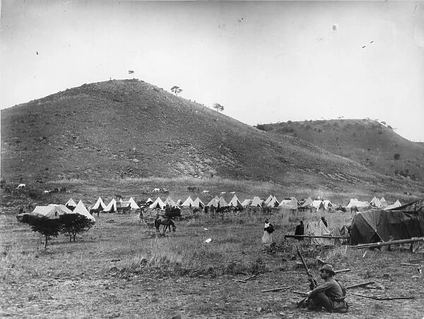 Boer Camp. circa 1900: A Boer commando guards a camp near Ladysmith