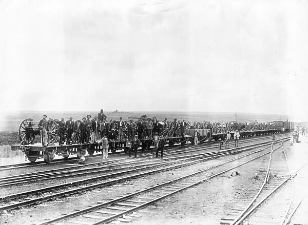 Boer Raid. circa 1900: Boer soldiers guard guns captured from Bullen