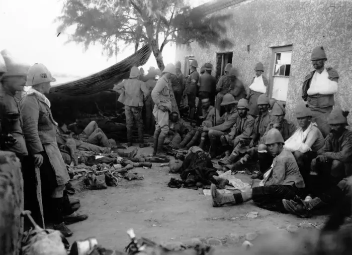 Framed Print : Boer War. circa 1900: A scene outside the field hospital as soldiers wait Framed Print : Boer War. circa 1900: A scene outside the field hospital as soldiers wait