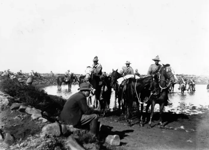 Framed Print : Boer War. circa 1900: Troups watering their horses Framed Print : Boer War. circa 1900: Troups watering their horses