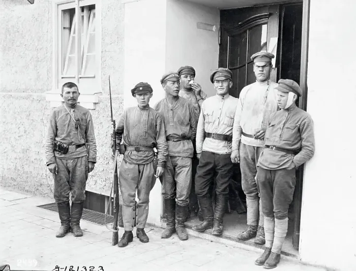 Framed Print : Bolshevik Soldiers Congregated Outside Building Framed Print : Bolshevik Soldiers Congregated Outside Building