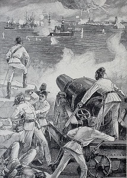 Bombardment of Alexandria, Egypt, on 11 July 1882, Historical, digitally restored reproduction of an original 19th-century artwork
