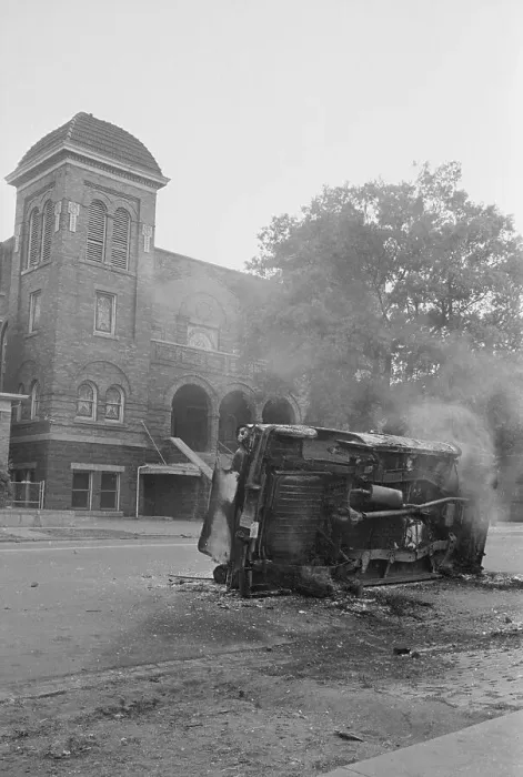 Framed Print : Bombed Car in Front of Church Framed Print : Bombed Car in Front of Church