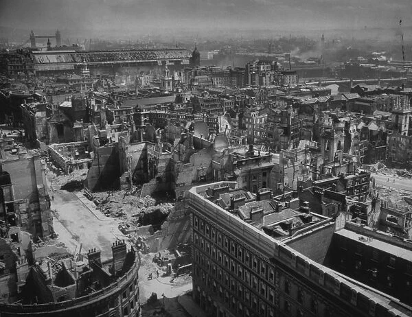 Bombed London. circa 1940: Bomb damage sustained by the City of London