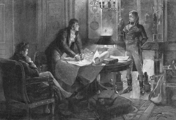 Framed Print : Bonaparte Discussing the Louisiana Purchase with Talleyrand and Marbois by Andre Castaigne Framed Print : Bonaparte Discussing the Louisiana Purchase with Talleyrand and Marbois by Andre Castaigne