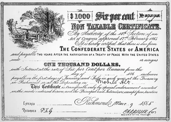Bond. A bond from the Confederate States for one thousand dollars issued