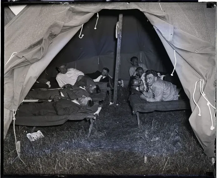 Framed Print : Bonus Marchers Lie on Cots Inside Tent Framed Print : Bonus Marchers Lie on Cots Inside Tent