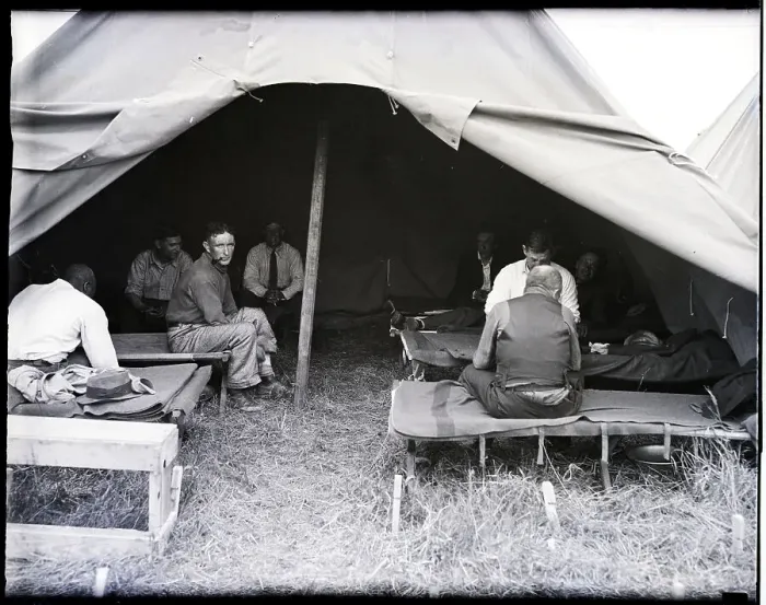 Framed Print : Bonus Marchers Sit on Cots Inside Tent Framed Print : Bonus Marchers Sit on Cots Inside Tent