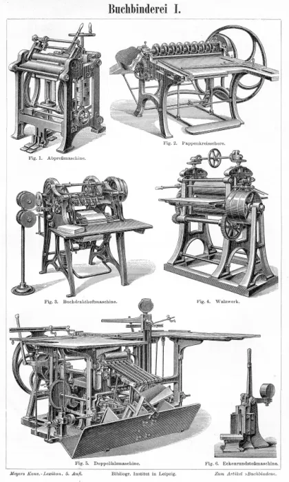 Framed Print : Book binding machines engraving 1895 Framed Print : Book binding machines engraving 1895