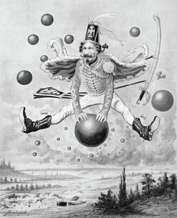 Framed Print : Book Illustration of Baron Munchausen Traveling on a Cannon Ball Framed Print : Book Illustration of Baron Munchausen Traveling on a Cannon Ball