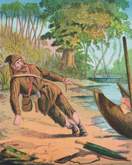 Framed Print : Book Illustration of Robinson Crusoe Pulling His Boat Ashore