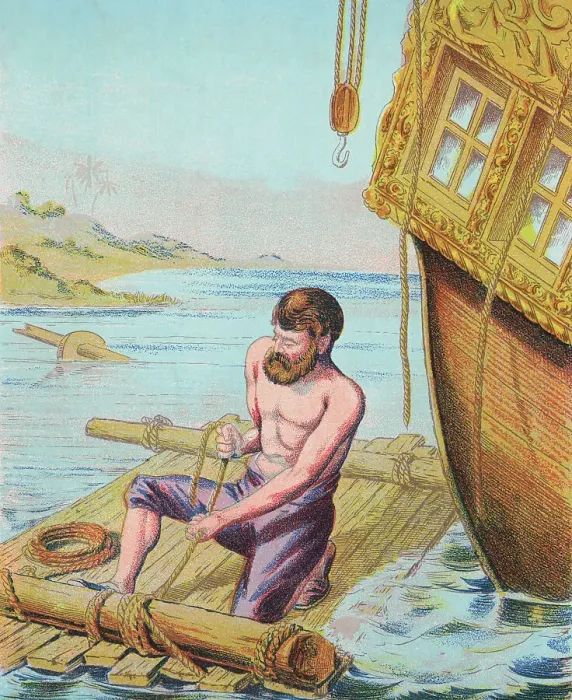 Framed Print : Book Illustration of Robinson Crusoe Tying Together a Raft Framed Print : Book Illustration of Robinson Crusoe Tying Together a Raft
