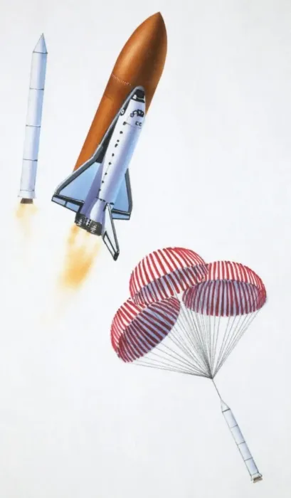 Framed Print : Booster rockets separating from space shuttle after liftoff, side view