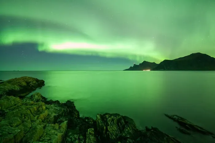 Framed Print : borealisgreen Norway extremely strong green northern lights Lofoten