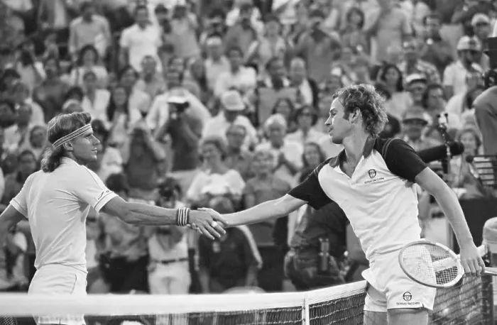 Framed Print : Borg Congratulating McEnroe on Win Framed Print : Borg Congratulating McEnroe on Win
