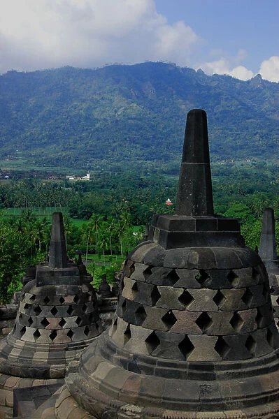 Borobudur stupas overlooking a mountain