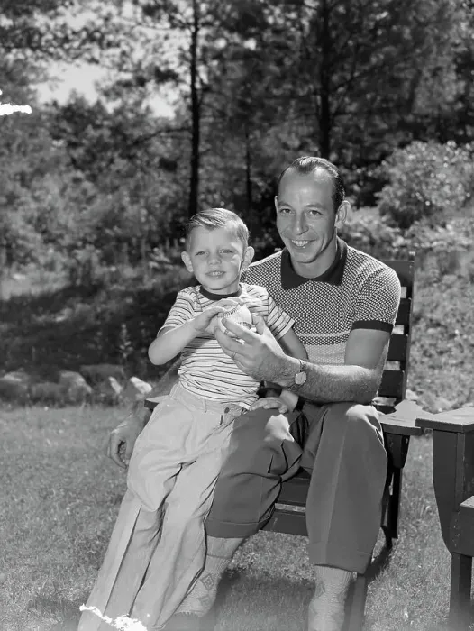 Framed Print : Boston Braves Pitcher Vern Bickford with Son Framed Print : Boston Braves Pitcher Vern Bickford with Son