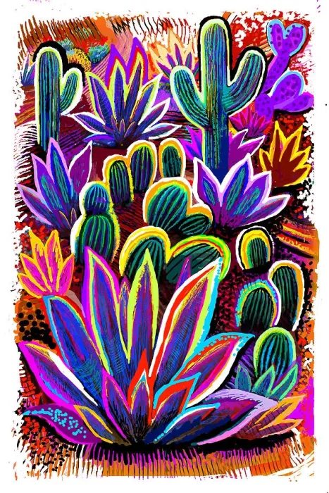 Framed Print : Botanical Desert Garden, Saguaro and flowering cactus. Digital Illustration of succulents Framed Print : Botanical Desert Garden, Saguaro and flowering cactus. Digital Illustration of succulents