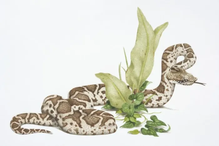 Framed Print : Bothrops atrox, Common Lancehead or Fer-de-lance Snake slithering around green plant Framed Print : Bothrops atrox, Common Lancehead or Fer-de-lance Snake slithering around green plant