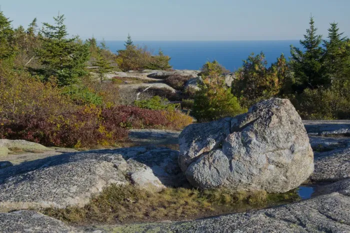 Framed Print : Boulder on Cadillac Mountain, Frenchman Bay, Acadia National Park, Maine, New England, USA