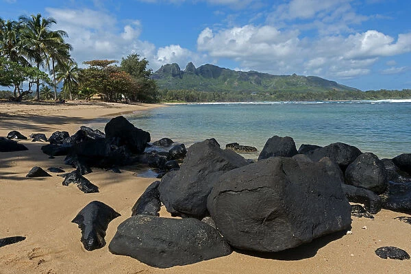 Boulders on the beach, Anahola Bay, Anahola, Kauai, Hawaii, United States