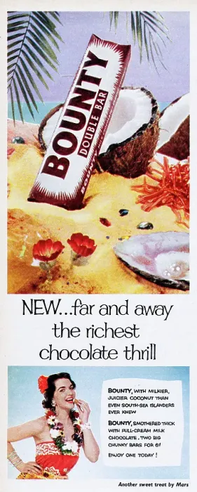 Framed Print : Bounty. 1955: Advertisement for the Bounty chocolate bar with the caption NEW...far Framed Print : Bounty. 1955: Advertisement for the Bounty chocolate bar with the caption NEW...far