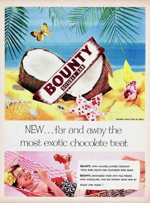 Framed Print : Bounty. 1955: Advertisement for Bounty showing the chocolate bar resting Framed Print : Bounty. 1955: Advertisement for Bounty showing the chocolate bar resting
