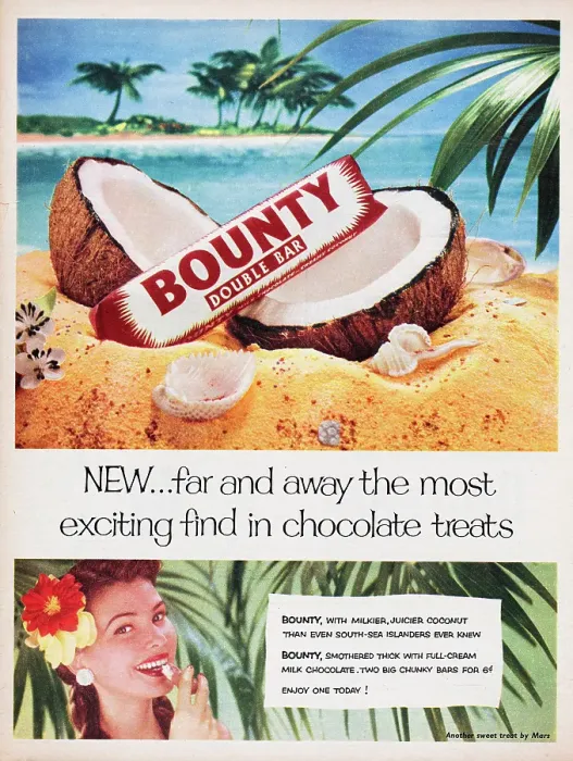Framed Print : Bounty. 1955: Advertisement for Bounty showing the chocolate bar resting Framed Print : Bounty. 1955: Advertisement for Bounty showing the chocolate bar resting