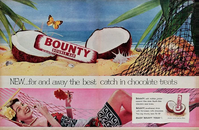 Framed Print : Bounty. 1954: Advertisement for Bounty showing a chocolate bar resting Framed Print : Bounty. 1954: Advertisement for Bounty showing a chocolate bar resting