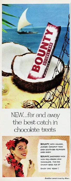 Framed Print : Bounty. 1954: Advertisement for Bounty showing a chocolate bar placed in Framed Print : Bounty. 1954: Advertisement for Bounty showing a chocolate bar placed in