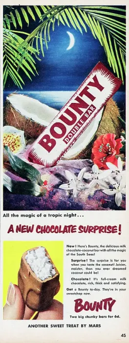 Framed Print : Bounty. 1954: Advertisement for Bounty showing the chocolate bar placed Framed Print : Bounty. 1954: Advertisement for Bounty showing the chocolate bar placed