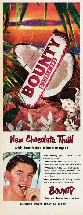 Framed Print : Bounty. 1954: Advertisement for Bounty showing a chocolate bar on an opened coconut Framed Print : Bounty. 1954: Advertisement for Bounty showing a chocolate bar on an opened coconut