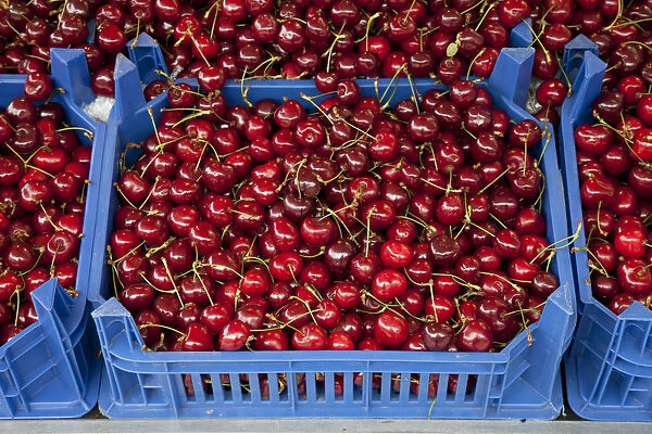 Box of cherries at a market stall