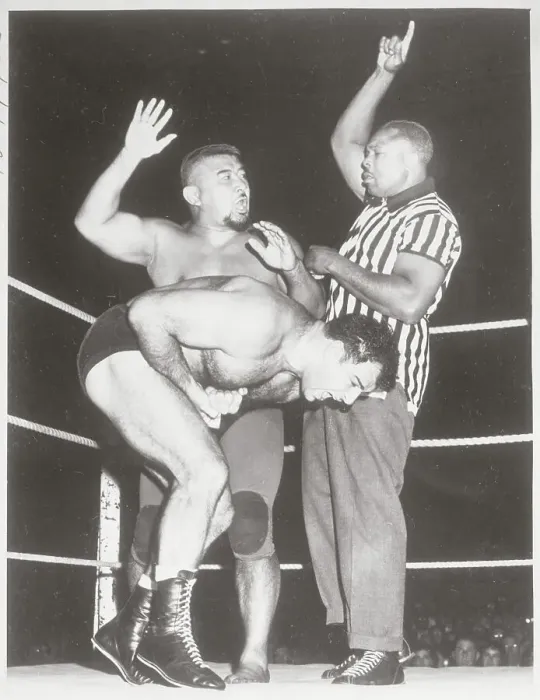 Framed Print : Boxer Archie Moore as Referee to Wrestlers Framed Print : Boxer Archie Moore as Referee to Wrestlers