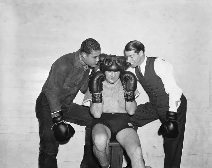 Framed Print : Boxer Getting Earful From Joe Louis and Joe DiMaggio Framed Print : Boxer Getting Earful From Joe Louis and Joe DiMaggio