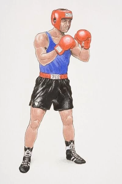 Boxer wearing black shorts, blue vest, red gloves and head protector, standing poised with legs apart and arms bent in front of him, side view